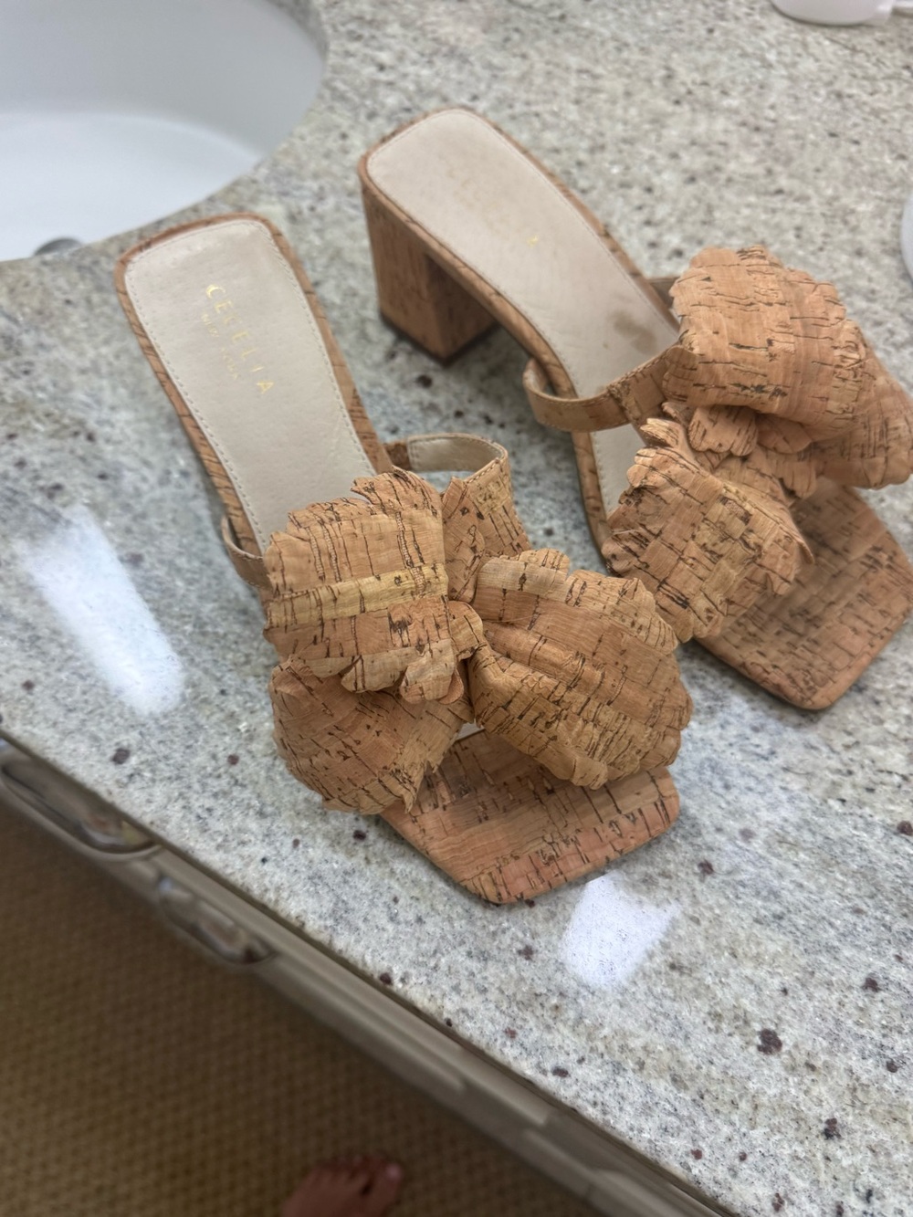 Cecilia Cork Bow Block Heel Mules - Light Tan